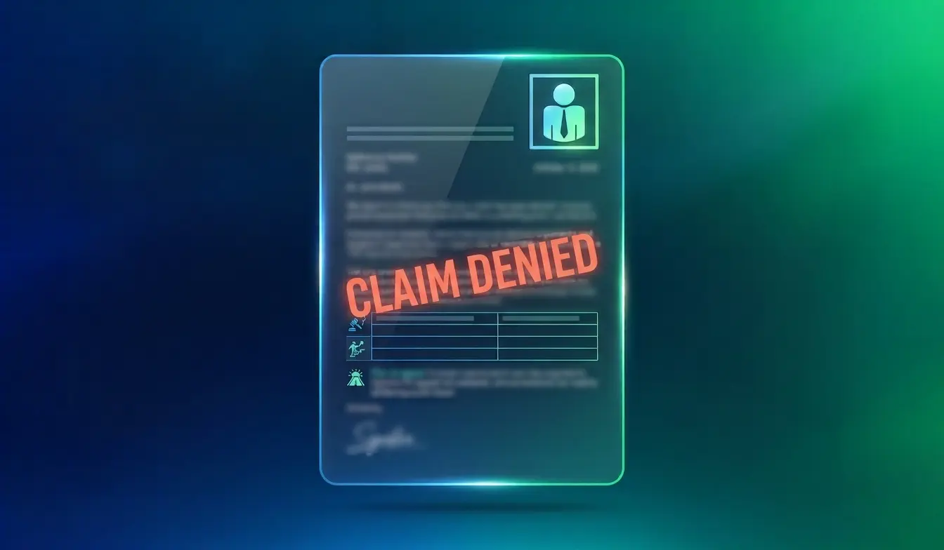 A VA decision letter on a glowing glass panel, stamped Claim denied in red.